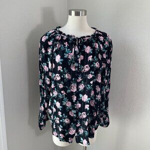 Torrid Womens Plus 3X Black Floral Long Sleeve Blouse Shirt Top Front Tie Neck
